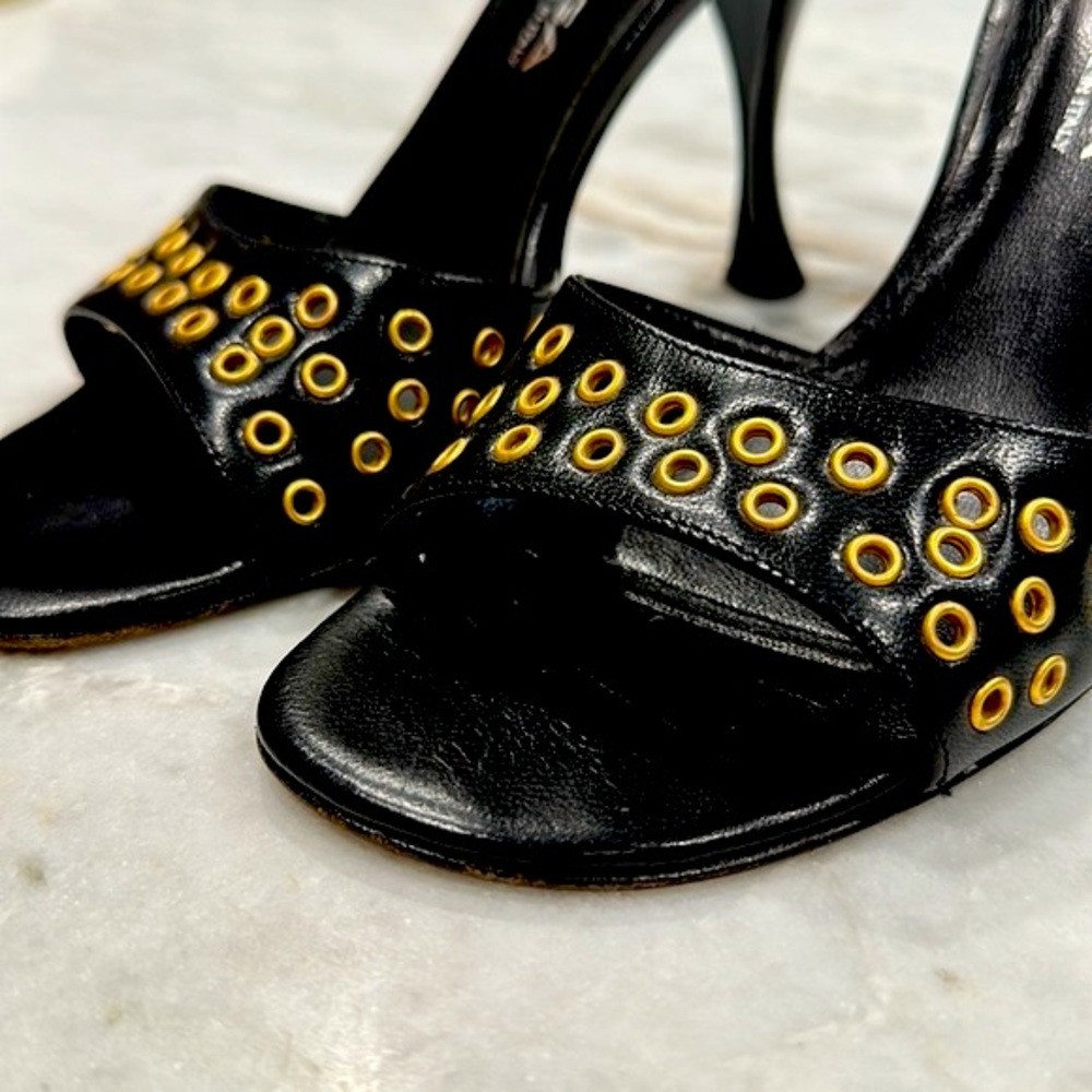 Via Spiga Black Heeled Slide Sandals with Gold Eyelets - Picture 7 of 10